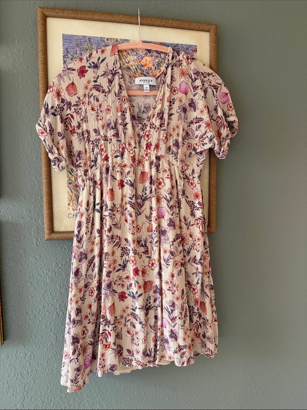 Gilli Cream Floral V-Neck Puff-Sleeve Mini Dress